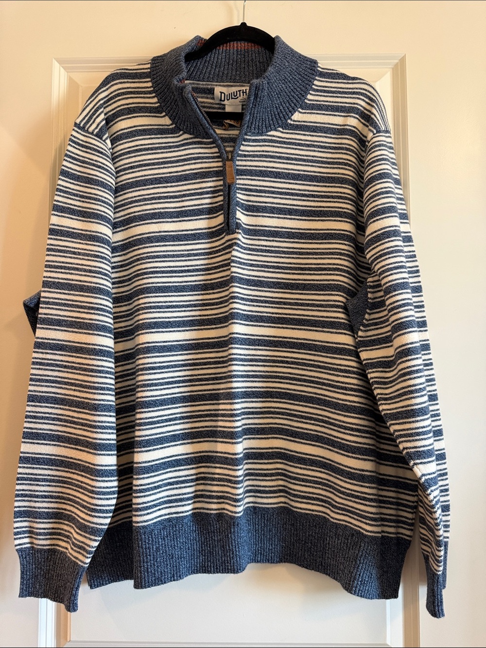 Duluth Trading Co Blue and Cream Striped Half-Zip Sweater